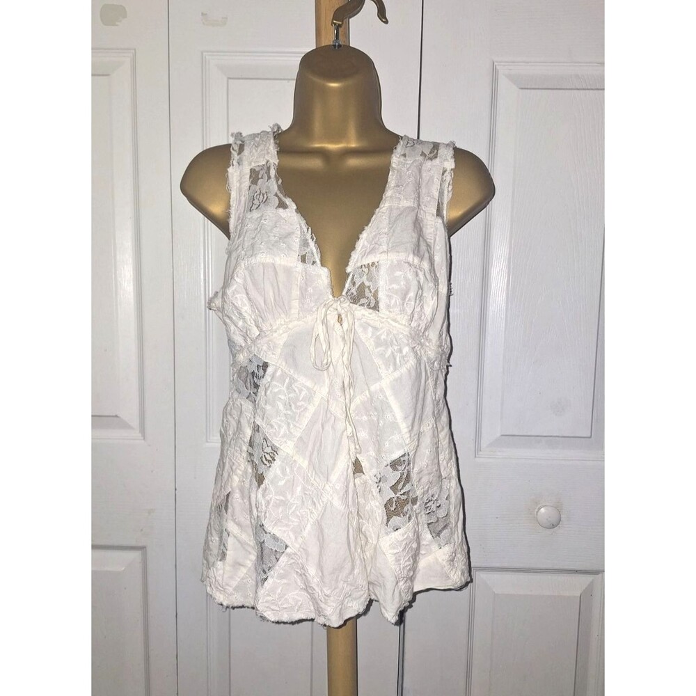 Cream Lace Patchwork Babydoll Tank Camisole Top M Cottage Boho Shabby Going Out